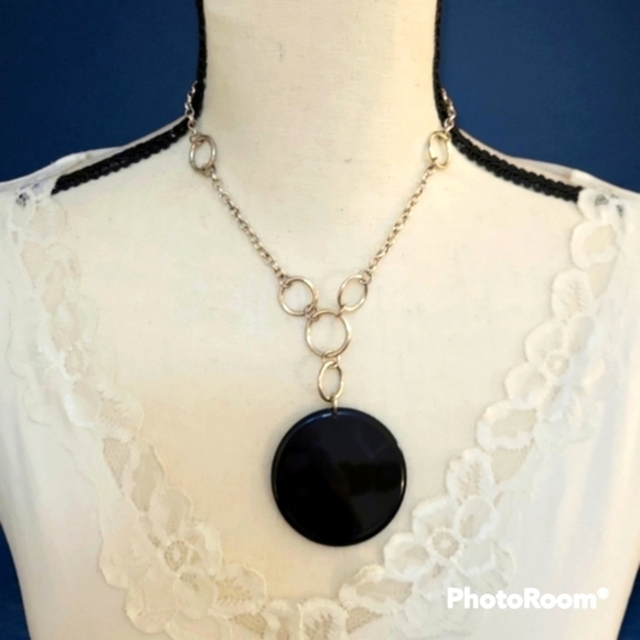 5/$25 BLACK Mod Circle Pendant Silvertone Link Chain Lavalier Necklace - Picture 1 of 7
